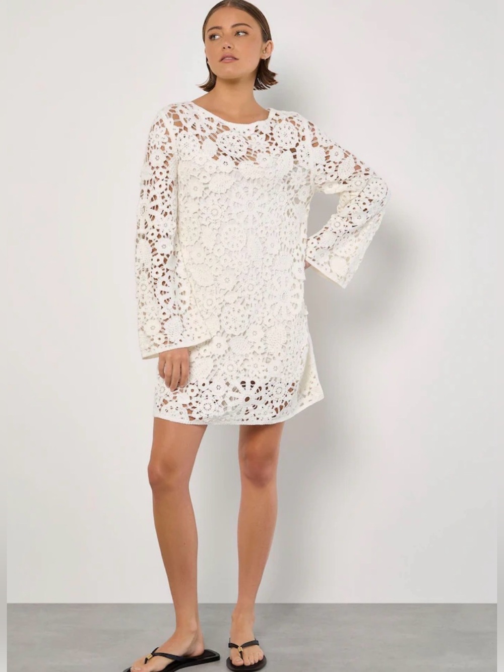 🆕 Apricot White Floral Crochet Bell Sleeve Dress